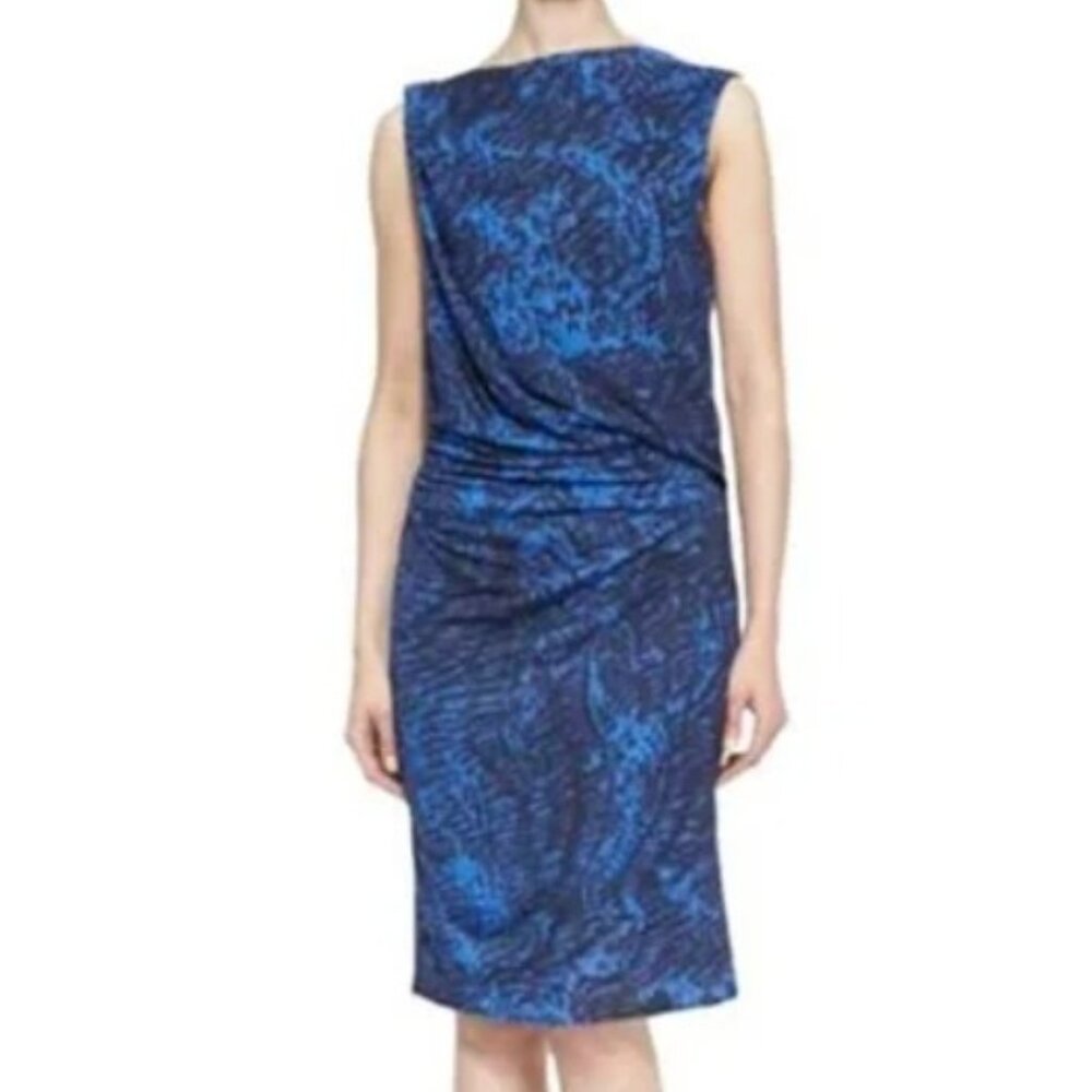 HELMUT LANG NWOT SZ SM BLUE PRINTED SHEATH DRESS COWL NECK OPEN BACK